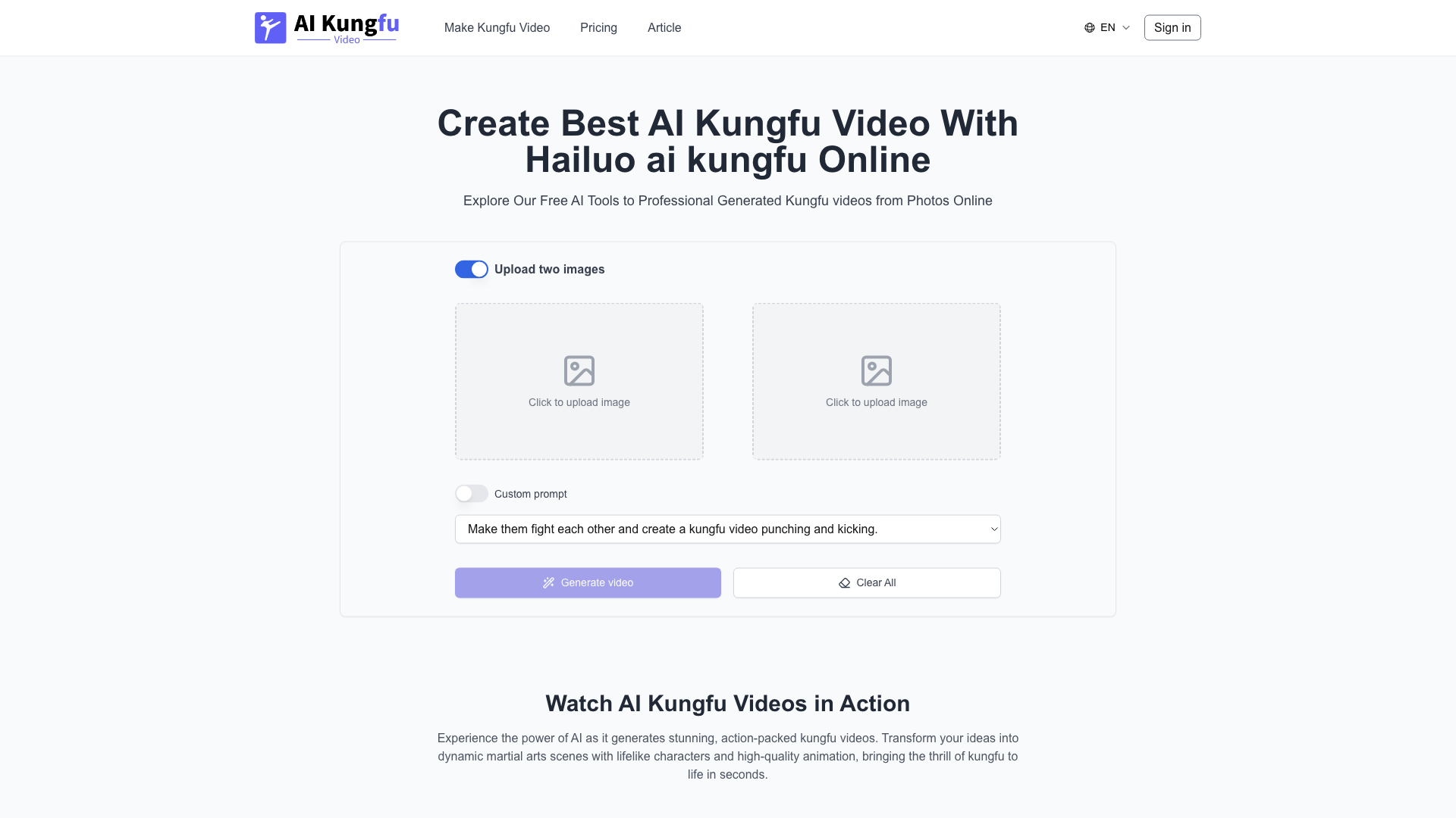 Generatore di Video Kungfu AI – Crea Video Kungfu Generati da AI