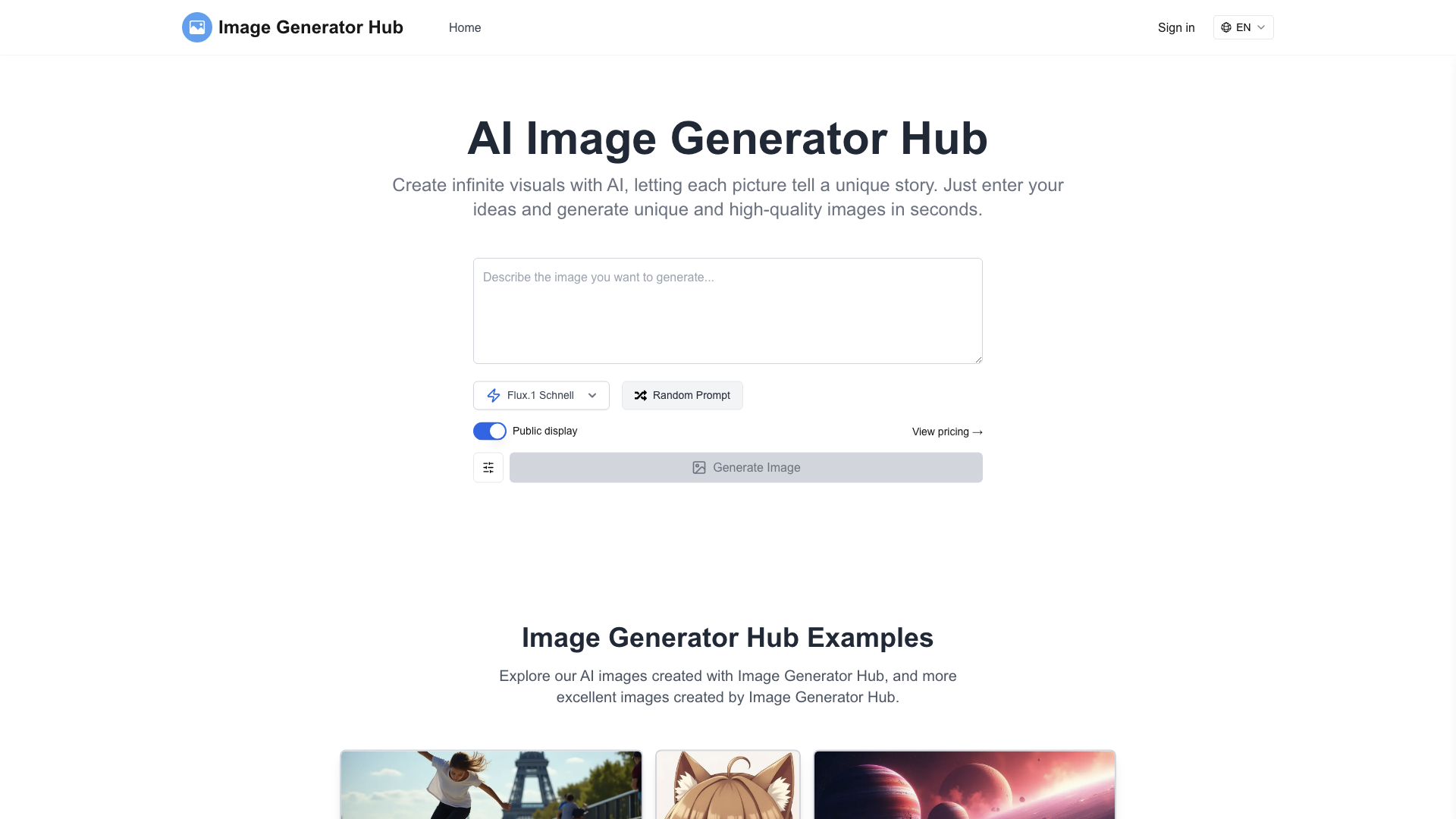 Generador de imágenes AI gratuito en línea | Image Generator Hub