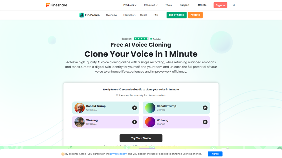 Clonez Votre Voix en 1 Minute - Clonage de Voix en Ligne Gratuit par IA | FineVoice